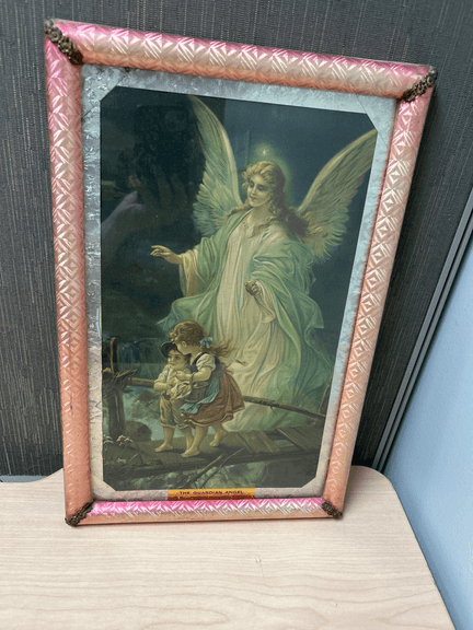 The Guardian Angel Print in Pink Embossed Frame with Metal Floral ...