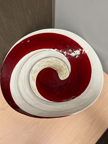 Large Decorative Art Glass Bowl – Red & White Swirl – Approx. 18–20" Diameter