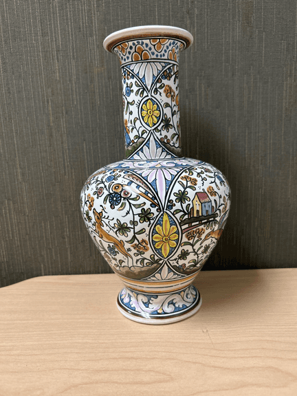 Hand Painted Portuguese Vase – XVII Century Style Floral & Figural Motif – 9-3/4"