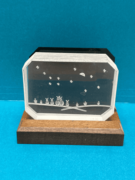 Fox Studios Lucite Engraved Art Sculpture Rabbits Night Scene Signed Display w/ Wood Base