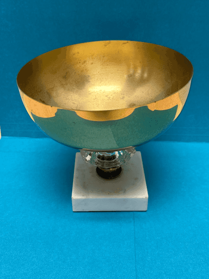 Vintage Brass Pedestal Bowl w/ Marble Base & Glass Accent – Mid Century Style Centerpiece