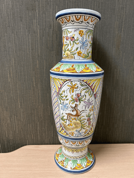 Luso Faiança Coimbra Portugal Hand Painted Tall Ceramic Vase Floral Deer Motif 14”