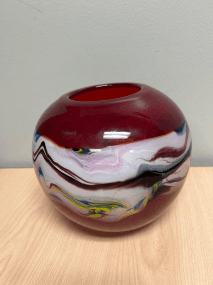 Art Glass Hand-Blown Swirl Bowl/Vase – Red Cased Glass w/ Multicolor Interior – 7-1/2" H