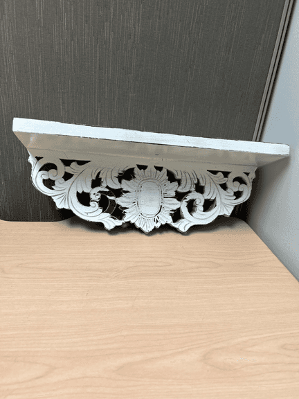 Vintage Carved Wood Wall Shelf White Distressed Scrollwork Display 18”