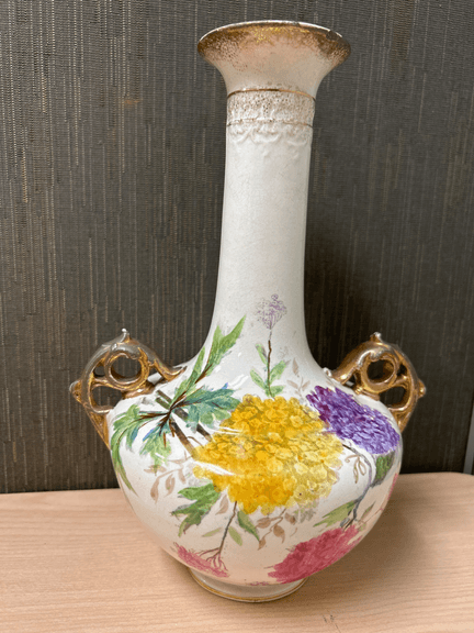 Antique Royal Bonn Germany Porcelain Vase – Hand Painted Floral – Gilt Handles – 10-1/2"