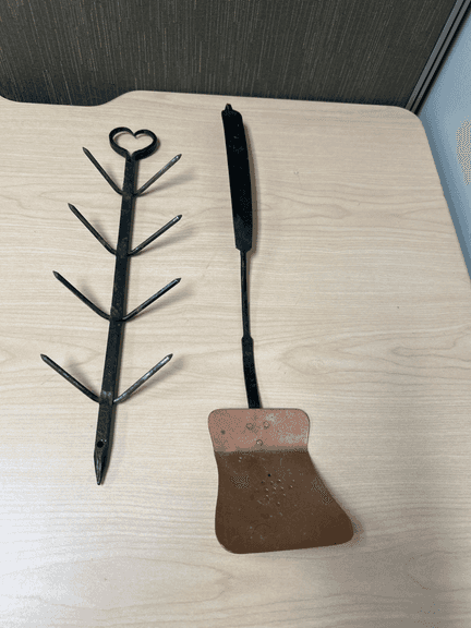 Primitive Iron Plant Holder Stake & Hand-Forged Style Fireplace Ash Shovel – Rustic Décor