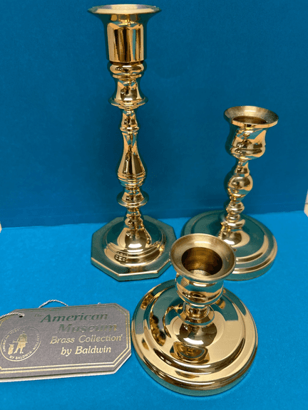 Baldwin American Museum Brass Candlesticks Set – 3 Polished Solid Brass Holders (7", 4-5/8", 3")