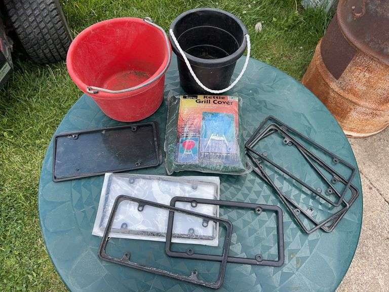 2 Buckets, Kettle Grill Cover, & License Plate Covers