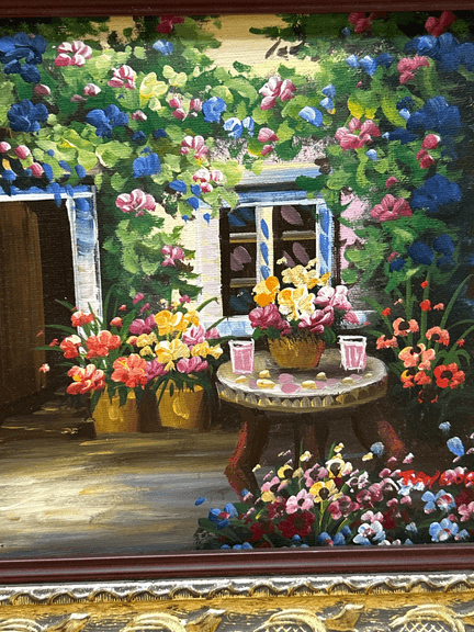 Framed Floral Courtyard Garden Oil Painting on Canvas – Cottage Scene with Table & Flowers, Ornate G