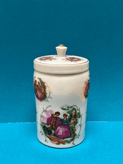 Vintage Porcelain Lidded Vanity Jar – Courting Couple Scene – Gold Trim – 5-1/4"