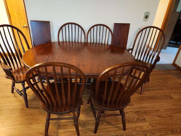 Amish Built Solid Wood Dining Table 2 Leaves & 6 Chairs (2 Captain ...