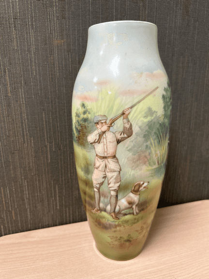 Hand Painted Porcelain Hunting Scene Vase Man Dog Birds Scenic Landscape ~10”