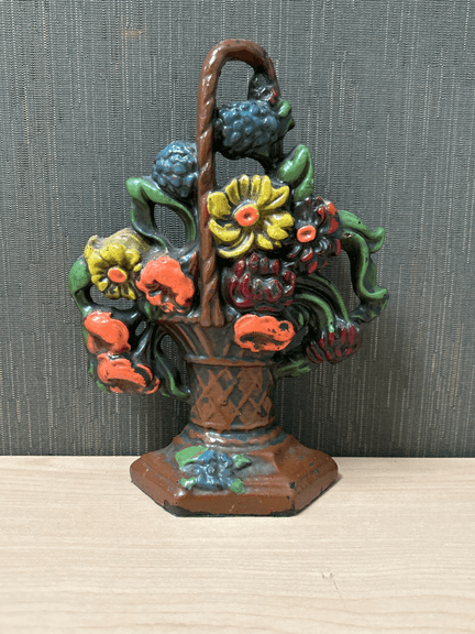 Vintage Cast Iron Floral Basket Doorstop – Hand Painted Hubley Style, 9-1/2"