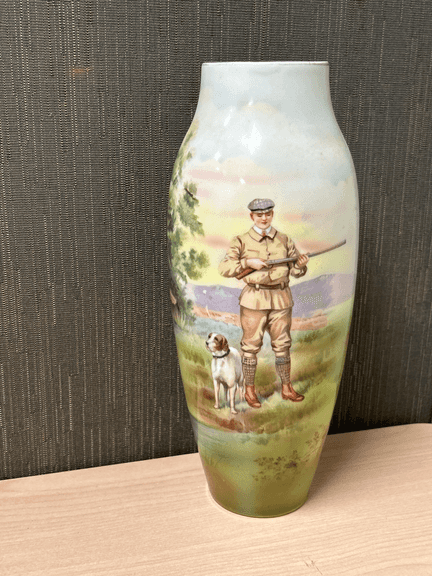 Vintage Hand Painted Porcelain Vase – Hunter w/ Dog Scene – Scenic Landscape – Approx. 10"