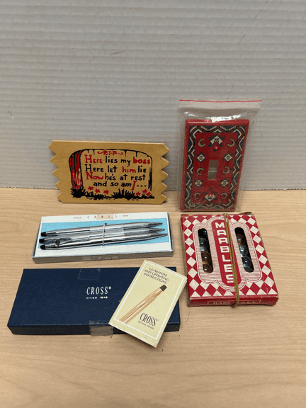 Vintage Mixed Lot: Cross Pen & Pencil Set, Marbles, Switch Plate & Wood Sign