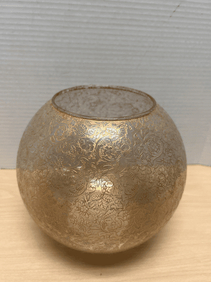 Vintage Gold Etched Floral Glass Vase – Frosted Finish – Round Globe Form – 5-1/2"