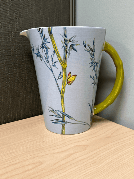 L’Objet “Bamboo Blue” Ceramic Pitcher – Portugal – 7¾" H Yellow Handle Floral Design