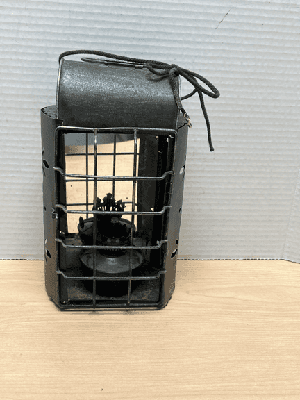 Vintage Metal Oil Lantern w/ Protective Cage – Industrial Railroad Style Lamp