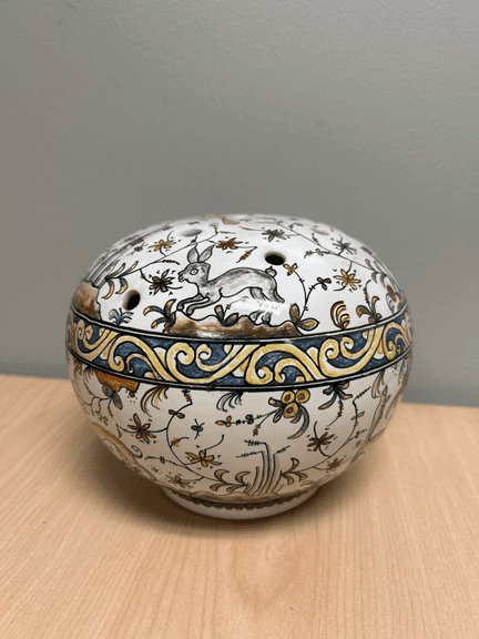 Cormbriga Portugal Hand Painted Pottery Flower Frog Bowl w/ Lid Floral Rabbit Motif 6”
