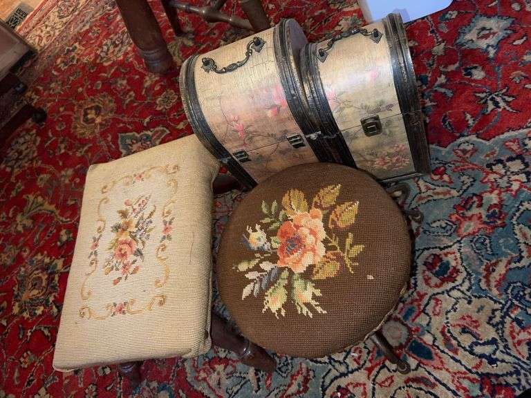 Vintage Footstools w/ Needlepoint Tops & Decorative Storage Boxes