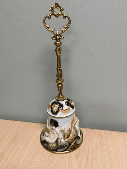 Keramos Capodimonte Italy Porcelain Bell w/ Ornate Metal Handle Cherub Scene 12”H