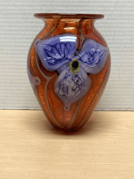 Art Glass Floral Vase – Hand Blown Style w/ Purple Flower on Amber Ground, 6-1/4"