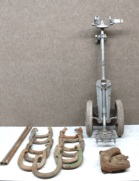 Vintage Horseshoe Set, Spalding Glove, and Rolling Metal Golf Caddy