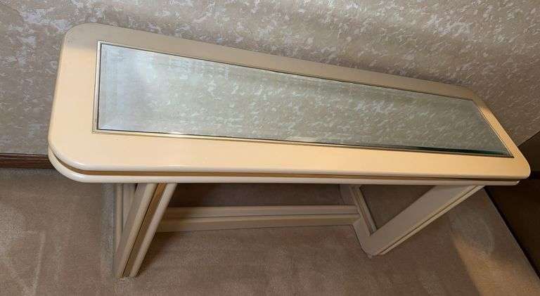 Mid Century Modern White Cream Lacquer Mirror Top Console Table