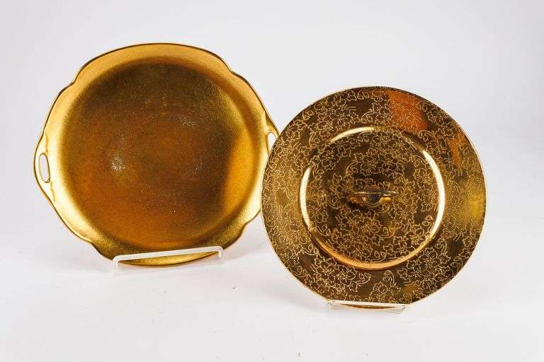 Two Vintage Gold China Plates.  One Imperial China Tidbit Tray and One Pickard China Plate.