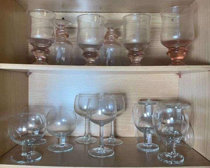 6 Vintage Blush Pink Hand Blown Goblets & Assorted Clear Wine Glasses