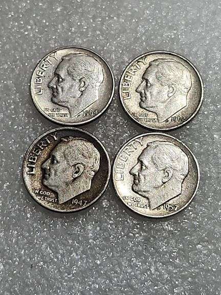 4 Silver Dimes 1962D, 1964, 1947, & 1957