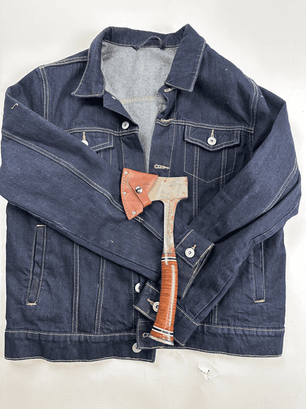 AXE WITH STACKED LEATHER HANDLE & RAW DENIM JACKET - Auction Ohio