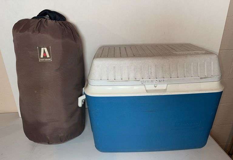 Sleeping Bag & Rubbermaid Cooler