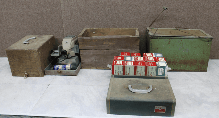 Vintage Storage Boxes, Slide Projector, and Film Boxes
