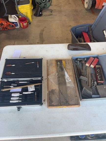 Gun Cleaning Kit, Sharpening Stone, and Assorted Hand and Machine Tool Components