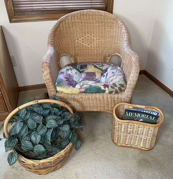 Wicker Chair with Cushion, Decorative Basket with Faux Plant & Wicker Magazine Holder