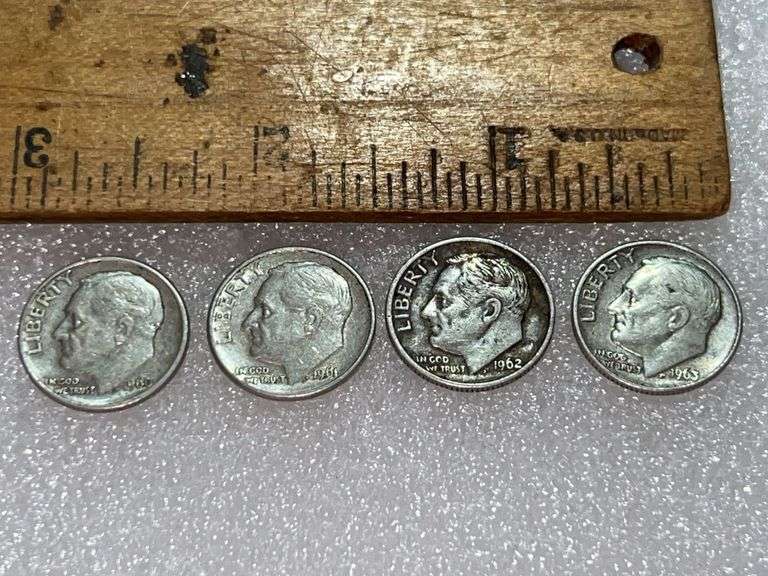 4 Silver Dimes 1962D, 1960D, 1961D, & 1963D