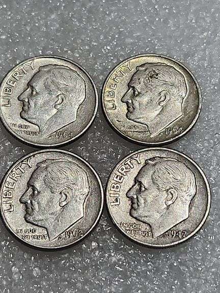 4 Silver Dimes 1947D, 1964D, 1962D, & 1964
