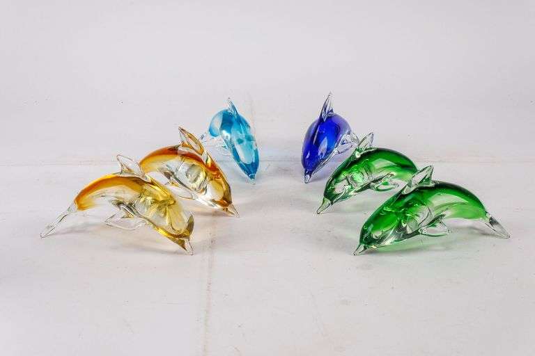 School of 6 Vintage Murano Style Art Glass Dolphin Figurines.