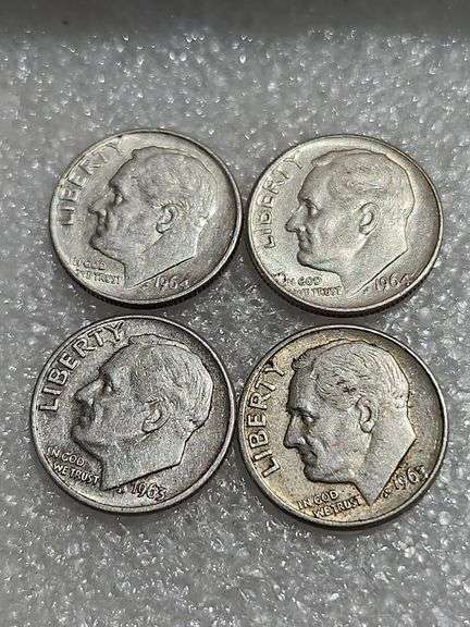 4 Silver Dimes 1963D, 1963D, 1964, & 1964