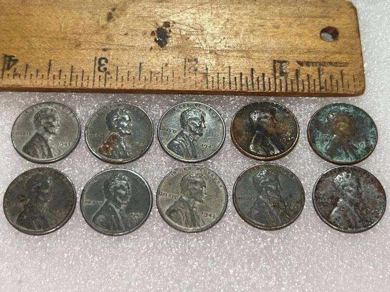 10 Wheat Pennies- Eight 1943 Steel (One D Mint), 1949D (Dented), & 1956