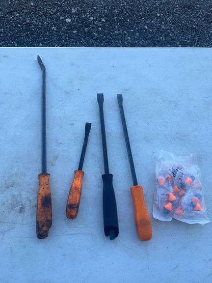 Four Pry Bars with Plastic Handles and Pack of Foam Ear Plugs