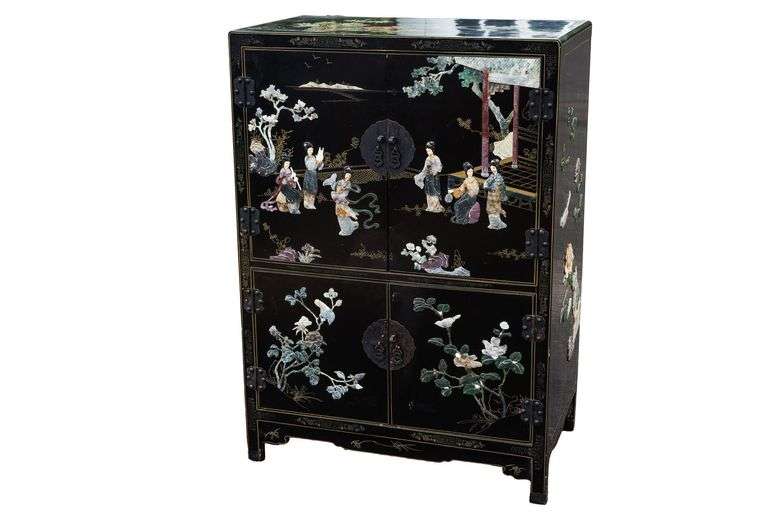 Vintage Chinoserie Black Lacquer Double Chest Cabinet
