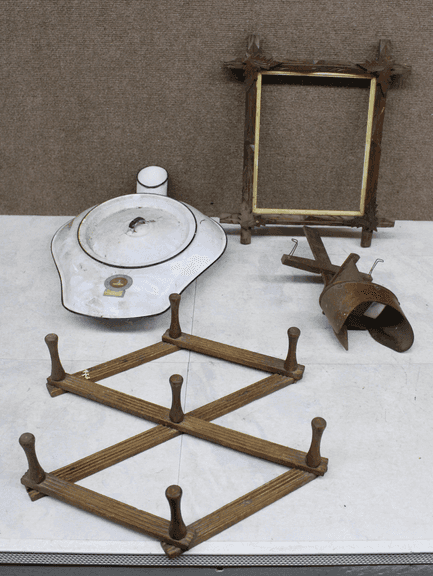 Vintage Metal and Wooden Items, Including a Picture Frame and Folding Rack