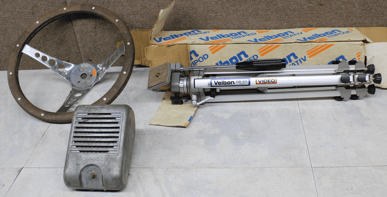 Steering Wheel, Simplex Drive-In Speaker, and Velbon VGB-32C Tripod