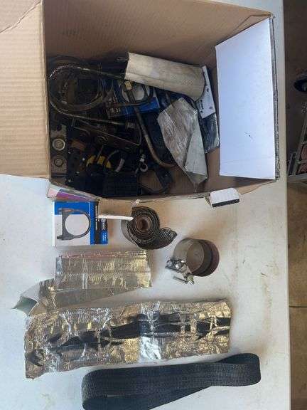 Box Lot of Automotive Parts and Accessories Including Exhaust Clamp and Heat Shield Materials
