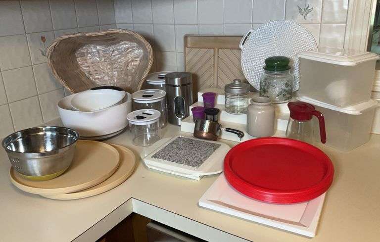 Assorted Kitchen Ware, Containers, Bowls, Microwave Items, Turn Tables and More