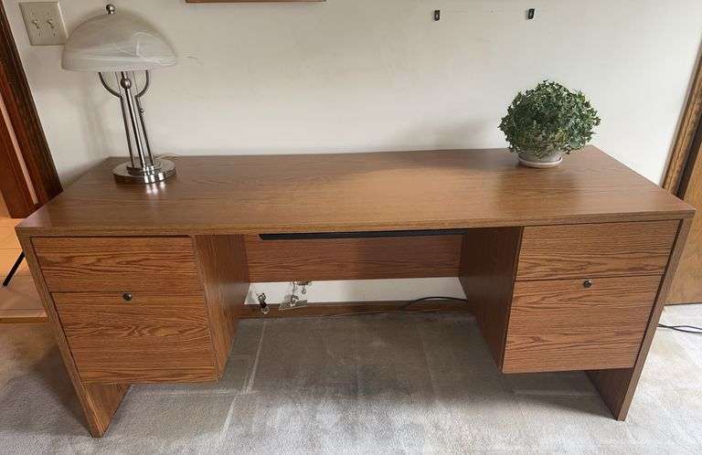 Wooden Desk with Lamp & Plant