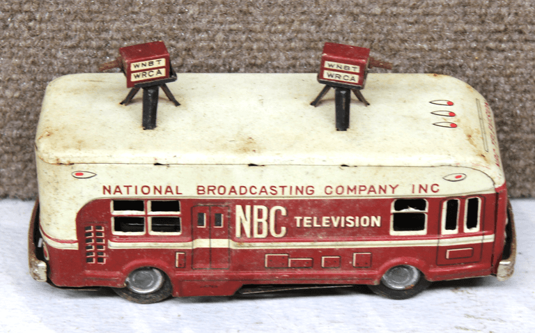 Tin NBC Television Broadcasting Van with Antennas, Marked ‘WNBT’ and ‘WRCA’