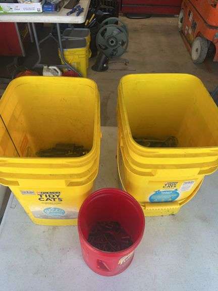 Metal Hardware in Yellow and Red Storage Buckets